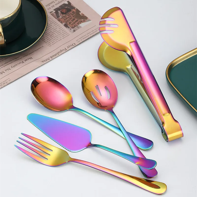 5Pcs Golden Thicken Stainless Steel Public Cutlery Set Western Service Spoon Colander Fork Cake Shovel Tongs Kitchen Tableware