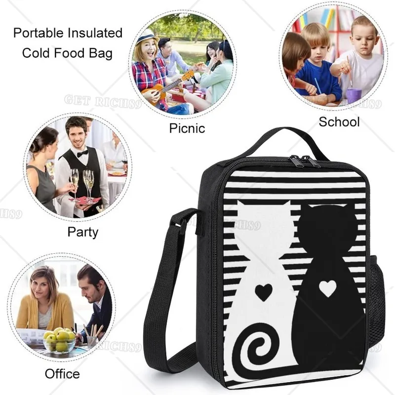 Lover Hearts and Cats Reusable Lunch Bags Durable Portable Lunch Box Meal Pack Backpack with Pocket for Women Men Work Trip