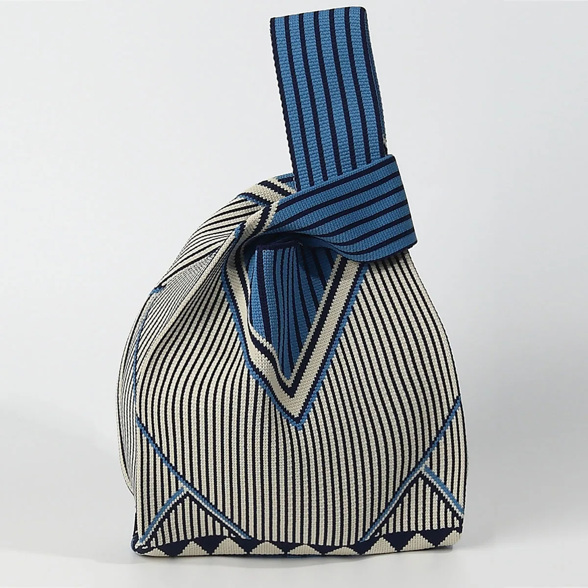 1 Piece of Blue Striped Patterned Fashionable Casual Open-Top Foldable Lightweight Handbag Mini Tote Bag, Suitable for Carrying Lipstick, Books, Mobile Phone, Umbrella, and Can Be Used in All Seasons