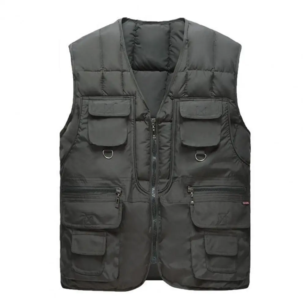 

Solid Color Vest Jacket Men's Sleeveless Winter Vest with Multiple Pockets Zipper Closure Solid Color Warm Coat for Autumn