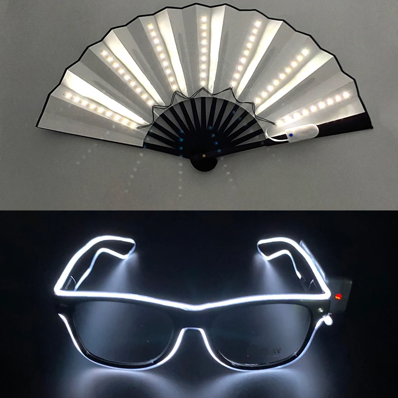 

2025 Costume Props Hand Fans And Sunglasses Set Bar Jumping Disco Dance Glow Props For Men Women Decorate