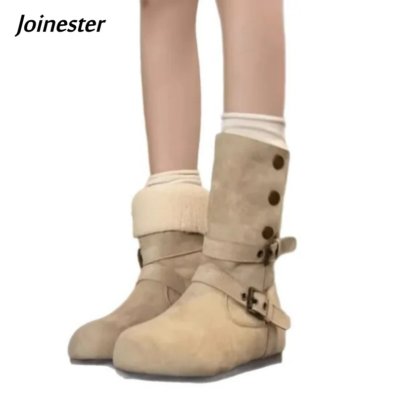 

Solid Color Fashion Flock Boots for Girls Winter Short Plush Warm Ankle Booties Mid-calf Versatile Boot with Buckle