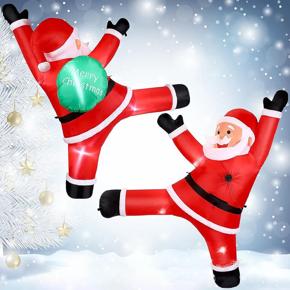 6FT طويل القامة عيد الميلاد نفخ شنقا سانتا سانتا مع شنطة هدايا زينة تفجير تسلق سانتا مع أضواء LED اللعب في الهواء الطلق