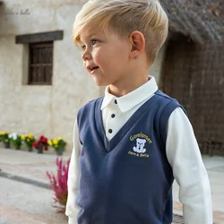 Dave Bella Baby Boys Fake Two Piece Knit Sweatshirt Kids Navy Blue Shirt Neck Pullover Boys V-Neck Tops DB1250744