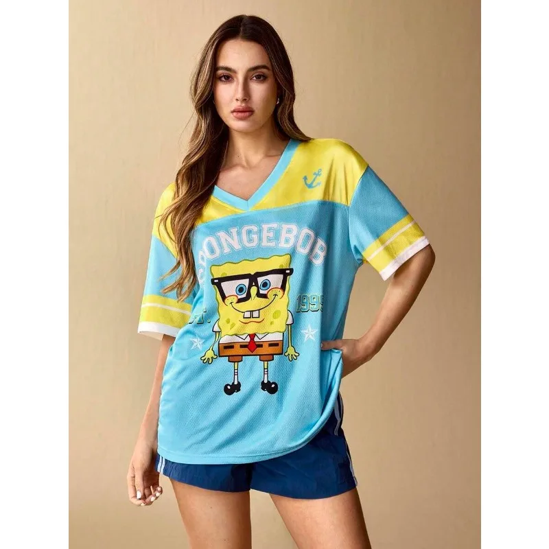 Blue and Yellow Color Blocked V-neck Jersey Glasses SpongeBob SquarePants 99 Digital Printed Breathable Top
