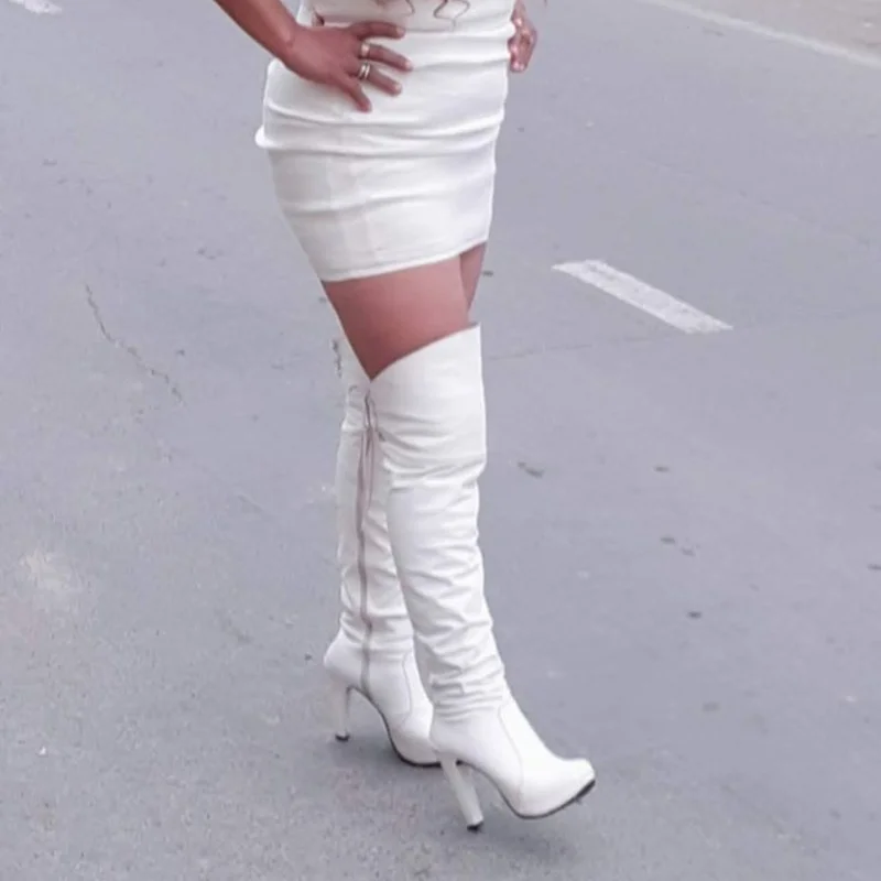 

White Over Knee High Zipper Boots Pointed Toe Thin High Heel Fashion Sexy Cool Winter Big Size 2025 Woman Shoes Zapatillas Mujer