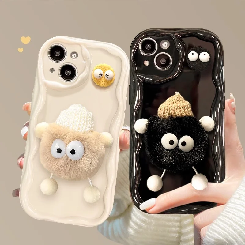 3D Cartoon Plush Big Eye Eggette Case For iPhone 15 14 13 12 11 Pro Max X XR XS 8 7 Plus SE 2020 SE2 Clear Silicone Wavy Cover