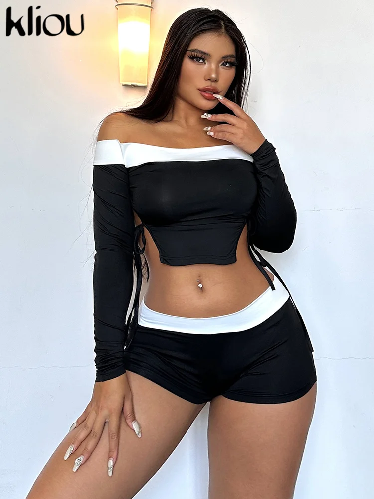 Kliou Casual Bandage Two Piece Set Women Fashion Slash Neck Side Split Tops + Patchwork High Waist Shorts Female Simple Clothing