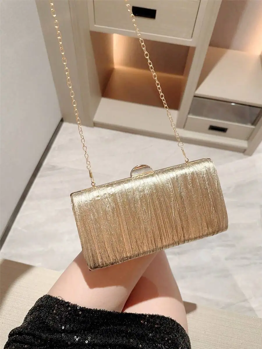 

Gold Tone Pleated Clutch Bag With Chain Strap For Evening Party Wedding Gala