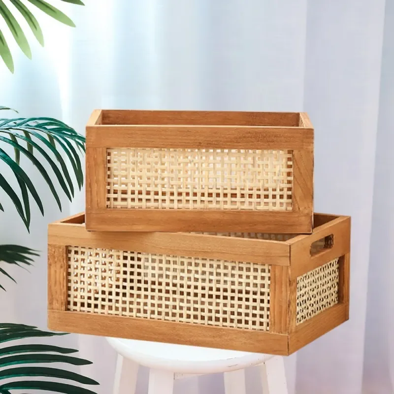 

Vintage Solid Wood Storage Basket Bamboo Storage Box Desktop Toys Books Wooden Storage Box Home Organization and Storage