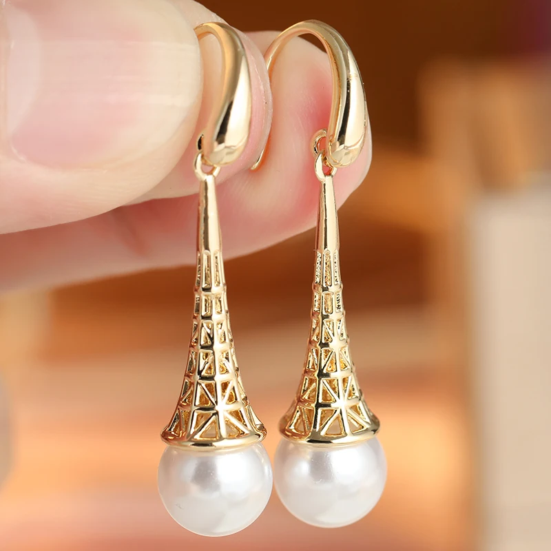 Aesthetic Design Luxury Imitation Pearl Tower Shaped Drop Earrings for Women Elegant Vintage Wedding Banquet Jewelry Accessories
