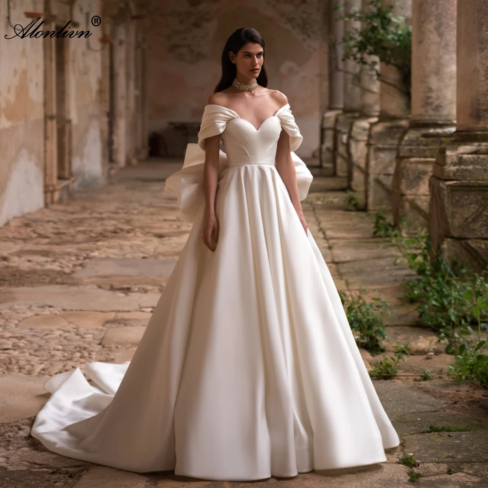 Alonlivn Elegant Satin Off The Shoulder Sleeves A-Line Wedding Dresses With Back Bow