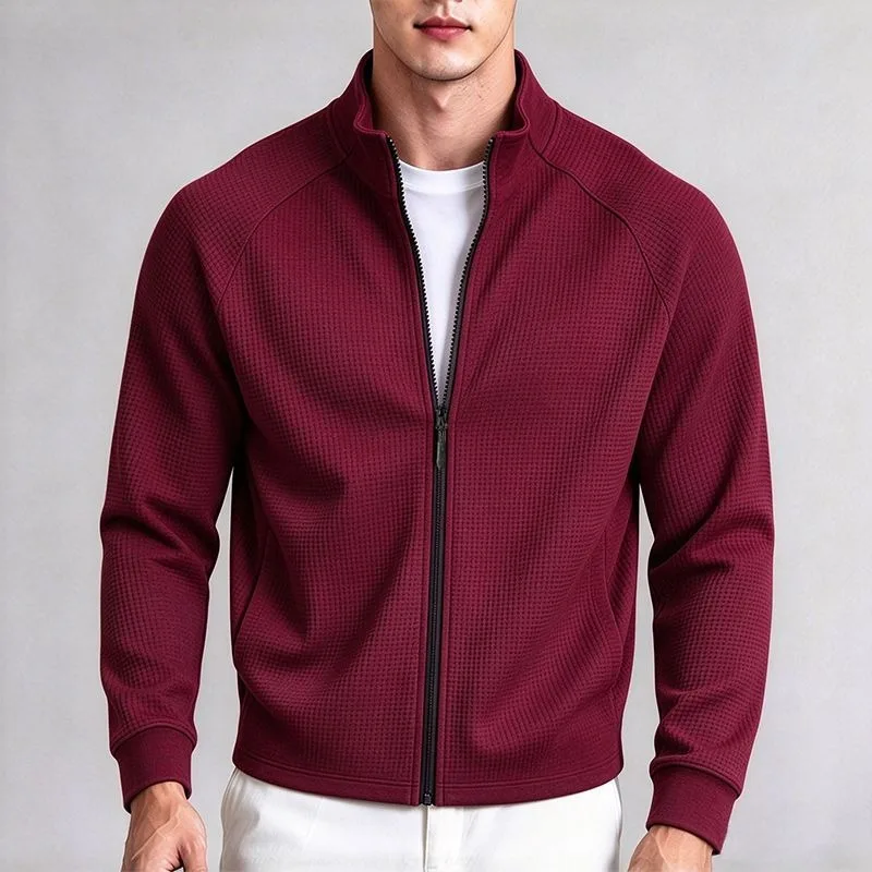 Men's Autumn Stand Collar Zipper Jacket Textured Long Sleeve Outdoor Sports Fitness Casual Coat