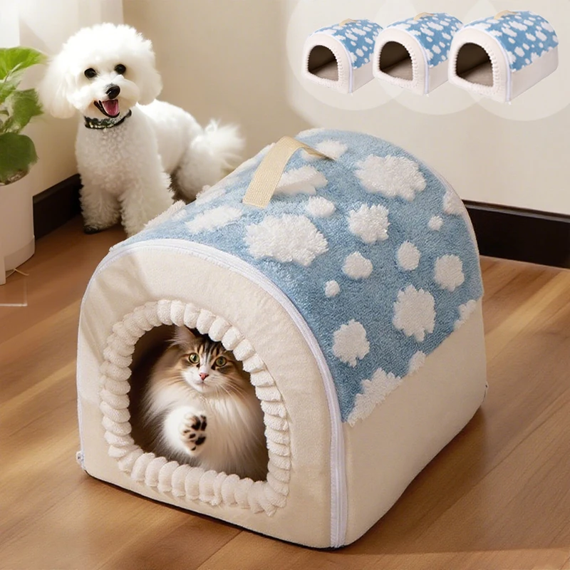 

New Cloud Pattern Pet Bed Warm Detachable House Enclosed Kennel Removable Cushion for Small Medium Dogs Cats Winter Sleeping