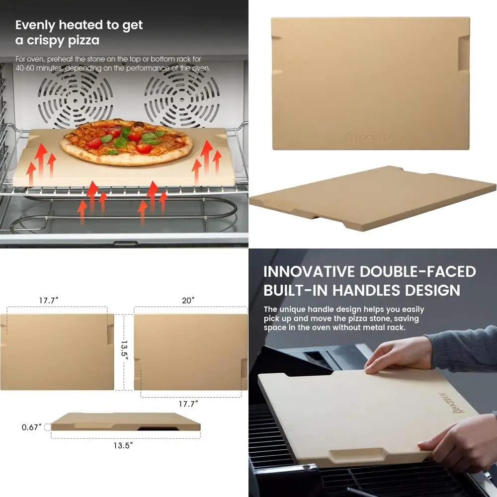 

Прямоугольный камень для пиццы 20x13.5 см для духовки и гриля - идеально подходит для выпечки пиццы и хлеба, с 4 встроенными ручками.