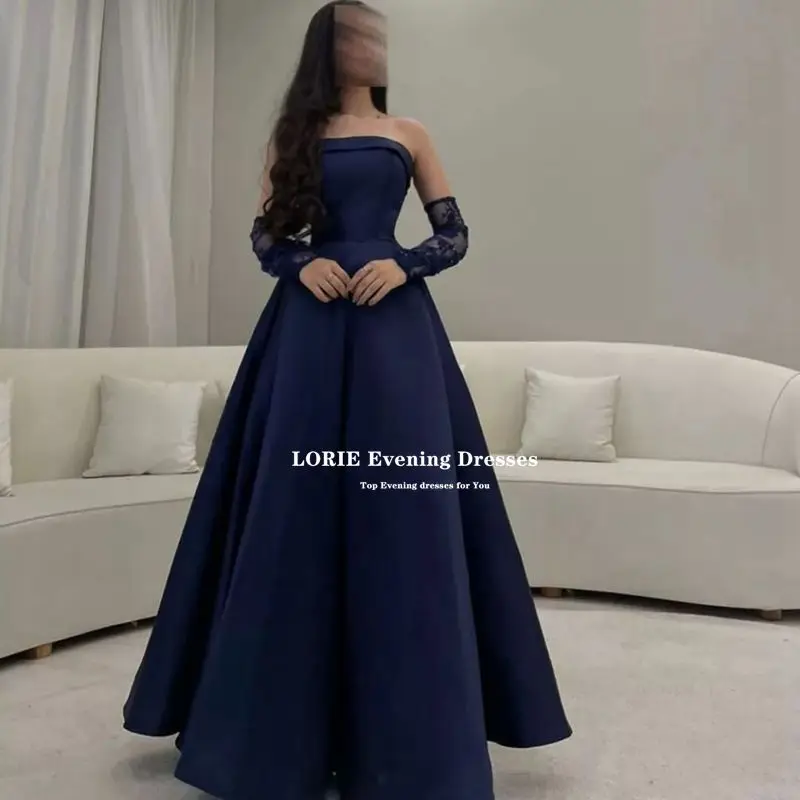 LORIE Navy Blue Lace Sleeves abiti da ballo donna 2022 Off The Shoulder Satin Arabia saudita Robes De Soirée abiti da sera formali