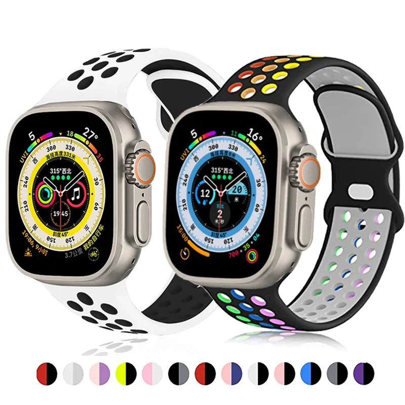 Sport Strap for Apple Watch Band 44mm 40mm 42-38-41mm 45 mm Air-hole Silicone Bracelet iWatch Series 9/8/7 6 SE 5 Ultra 2 49mm