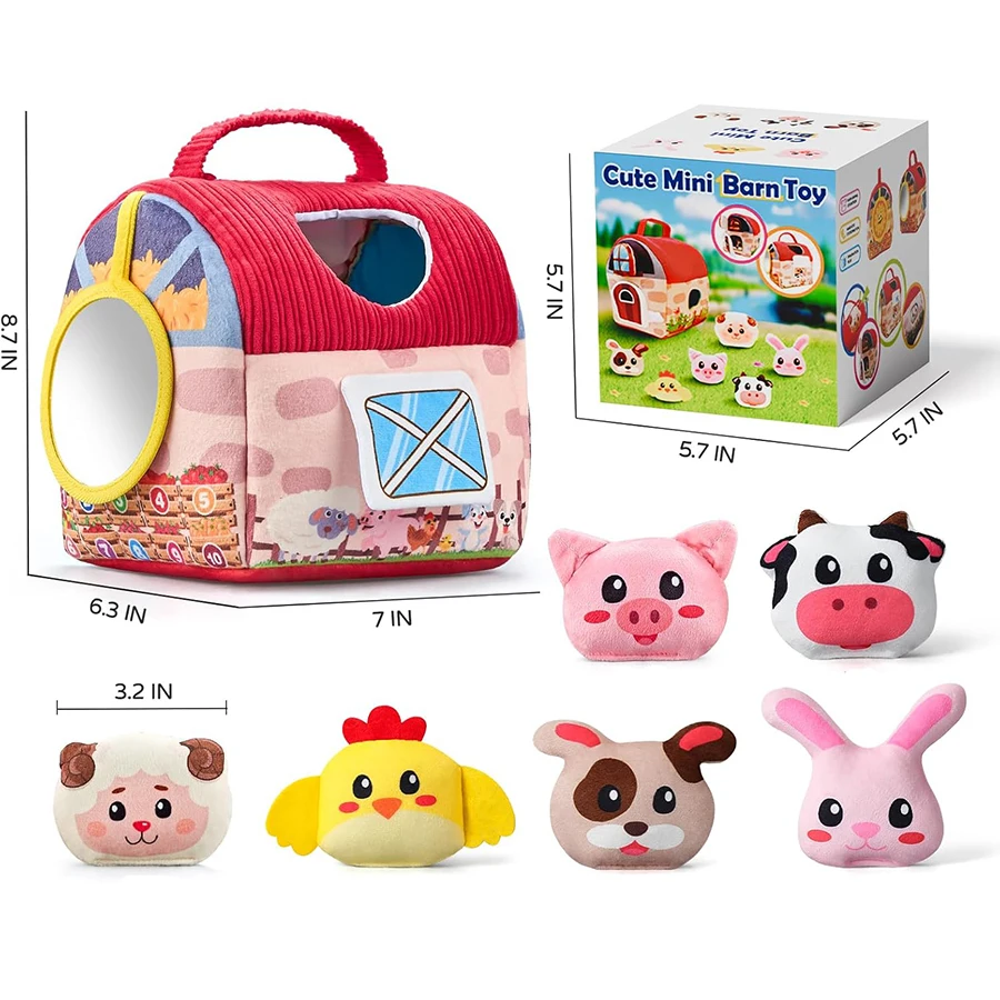 Giocattoli per bambini 6-12 mesi, giocattoli da fienile con animali da fattoria ripieni per i più piccoli 1-3 Alveare di peluche per bambini con sonagli Specchio battente