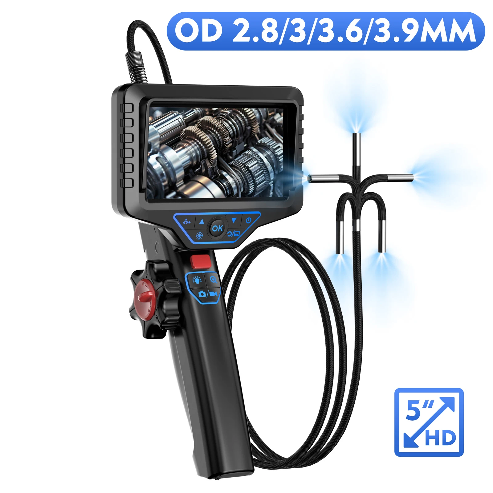 

2.8/3.6MM Lens Articulating Borescope 1080P 5 Inch IPS Screen Two Way 360° Steering Endoscope Camera Waterproof IP67 Video