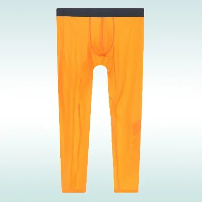 Pantalon de Yoga Ultra-fin pour hommes, haute élasticité, Fitness, soie glacée, Semi-Transparent, course à pied, Leggings de couche de Base de Sport à neuf points