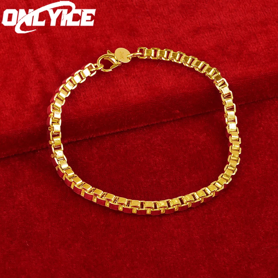 

Hot 24K Gold Bracelet 4MM Box Chain For Women Man Wedding Engagement Party Accessories Fashion Jewelry Charm Christmas Gift