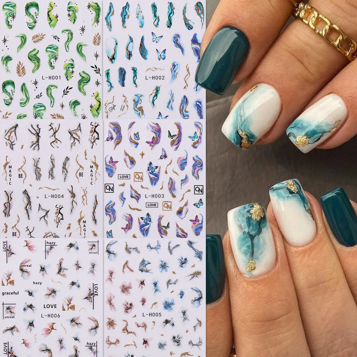 6pcs marbled glitter nail art stickers, easy to apply for nail decoration, DIY, gift, party makeup look, artistic stickers