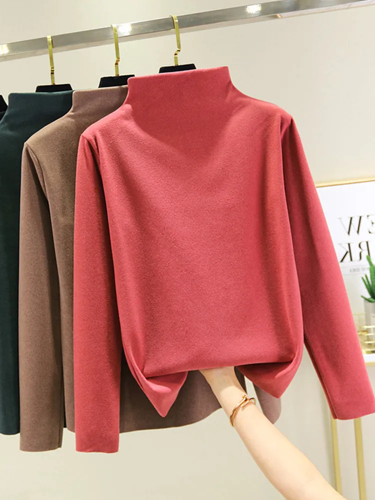 Thickened Fleece Double-sided German Velvet Long Sleeve Women's Base Shirt Half-high Collar Warm Inner Wear T-shirt for Autum...