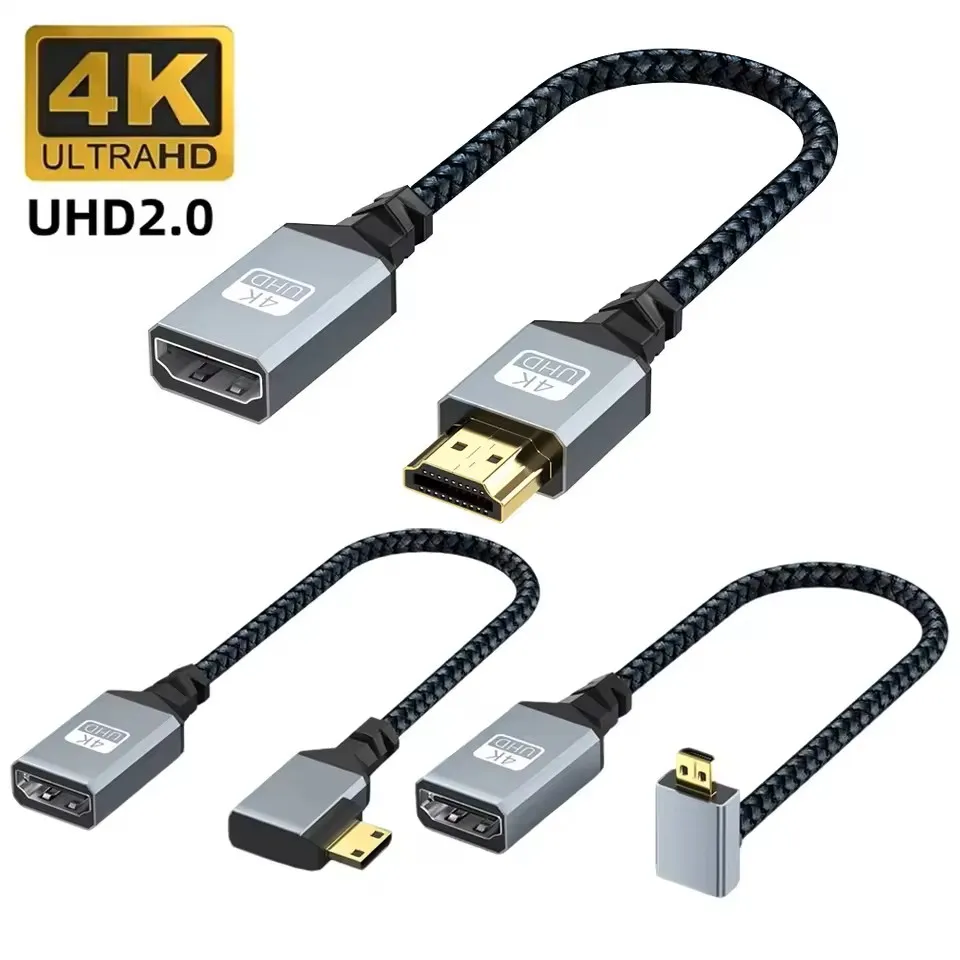 4k 90 graus hdmi mini hdmi micro hdmi para hdmi 2.0 cabo adaptador 20cm cabo de extensão trançado para câmera monitor hdtv portátil