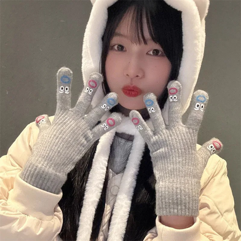 1 Pair Women's Facial Expression Funny Knitted Gloves Full Finger Gloves Soft Crochet Mittens Cartoon Expression Driving Glove