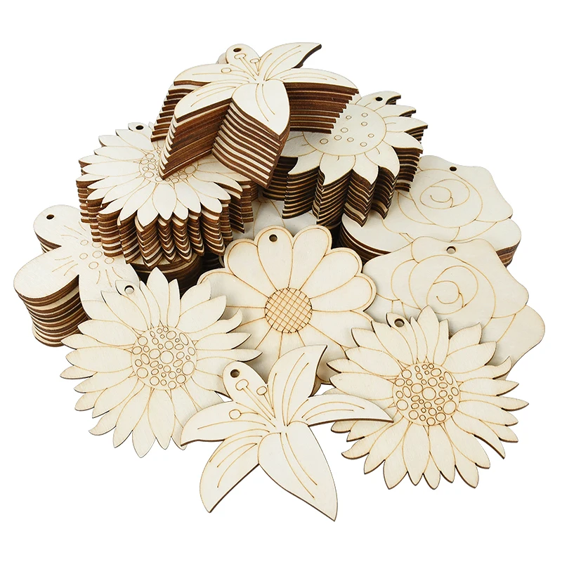 Fleur en copeaux de bois naturel inachevé, accessoires de bricolage, ornements artisanaux, décoration de mariage de Pâques, blanc, 10 pièces