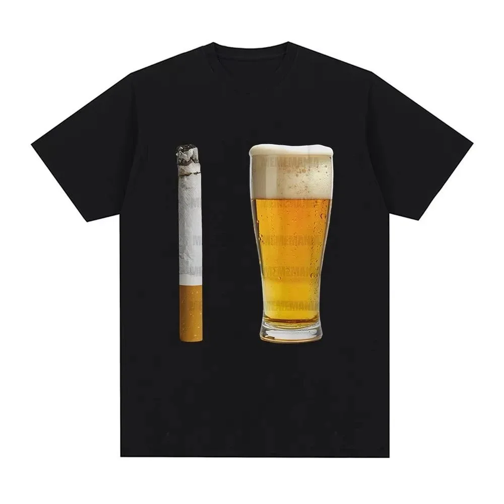 Realistic Foamy Beer Glass Cigar Graphic Men T Shirt Minimal Retro Streetwear Loose Soft Black Daily Short Sleeve Tee