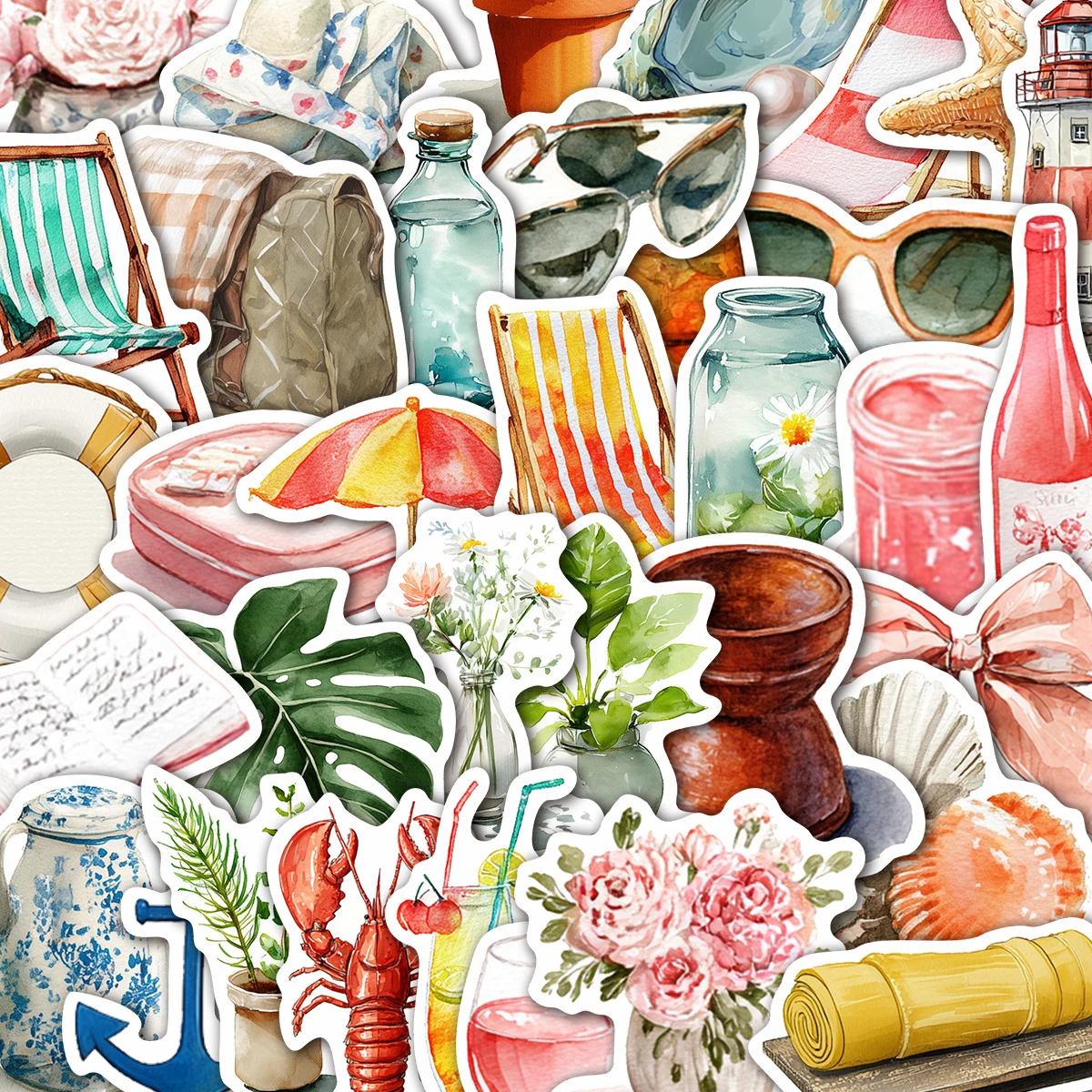 50Pcs Watercolor Coastal Summer Stickers | Beach & Ocean Waterproof Decals for Laptop, Water Bottle & Journal, Beach Fans & Gift