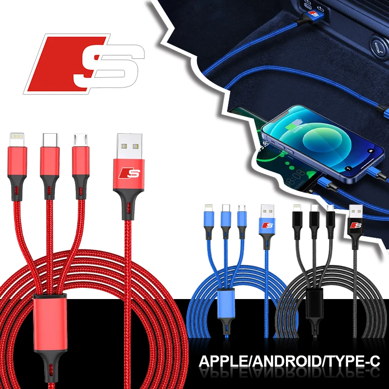 Car Emblem 3 In 1 Type C Lightning Micro USB Fast Charging Cable For AUDI Q7 A8L Q8 S4 S5 S6 S7 R8 RS6 Q2L TT A3 A5 A4L A4 A1 A7 