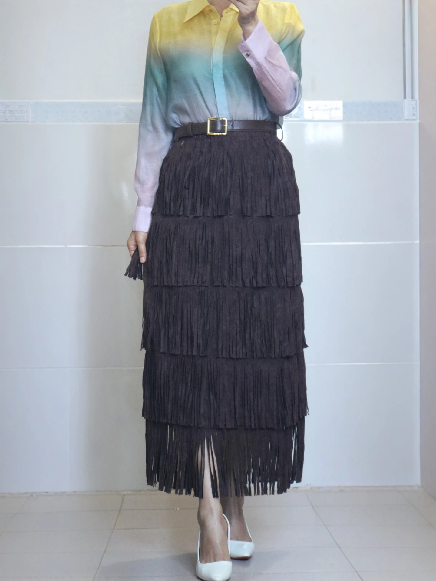 

Deer Skin Velvet Fringed Skirt with Elastic Waist for Women Straight Cut High Waist Busin Wear Polyester Fiber