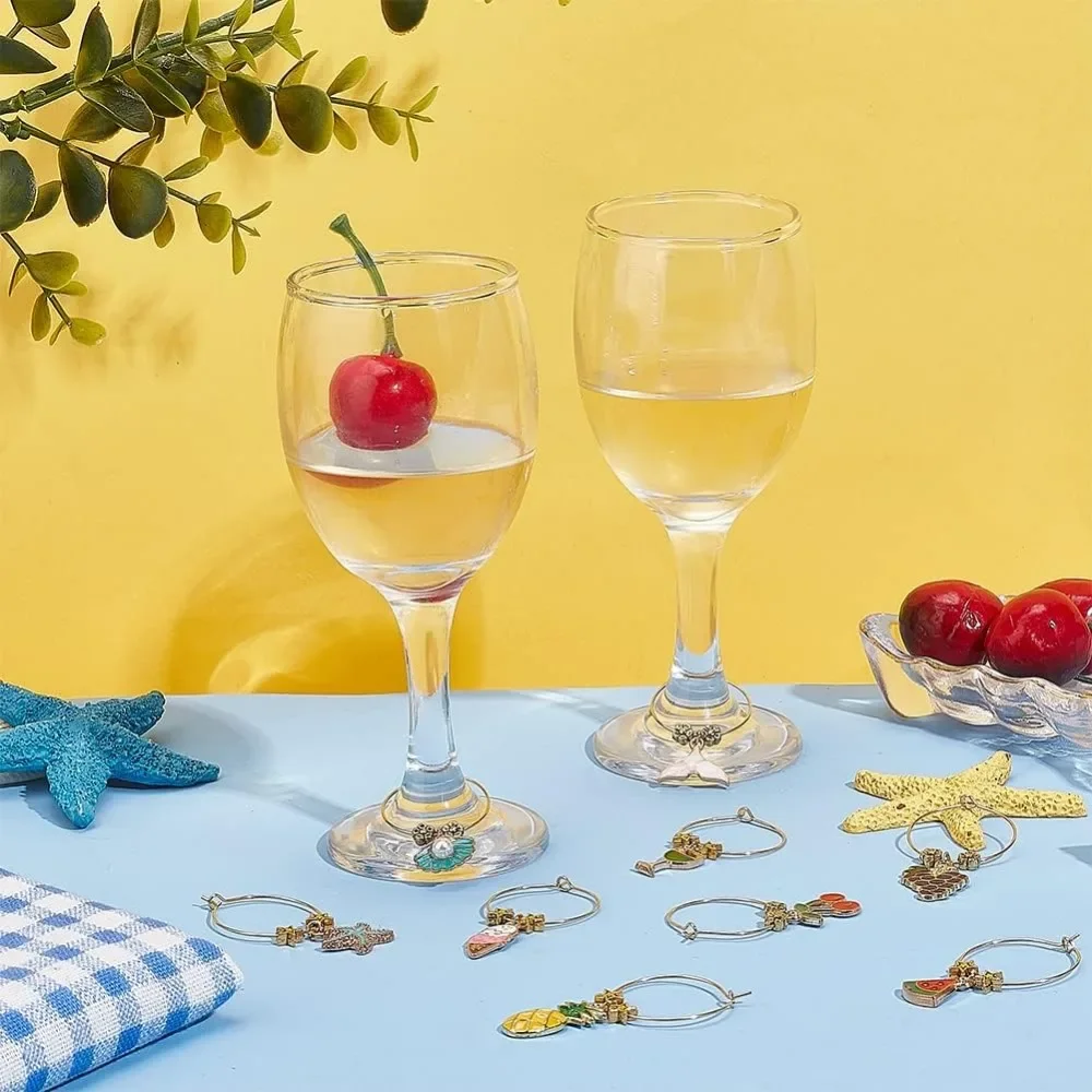 24 Style Summer Theme Wine Glass Charms Flower Fruit Goblet Drink Markers Tags with Hoop Rings and Beads for Cocktail