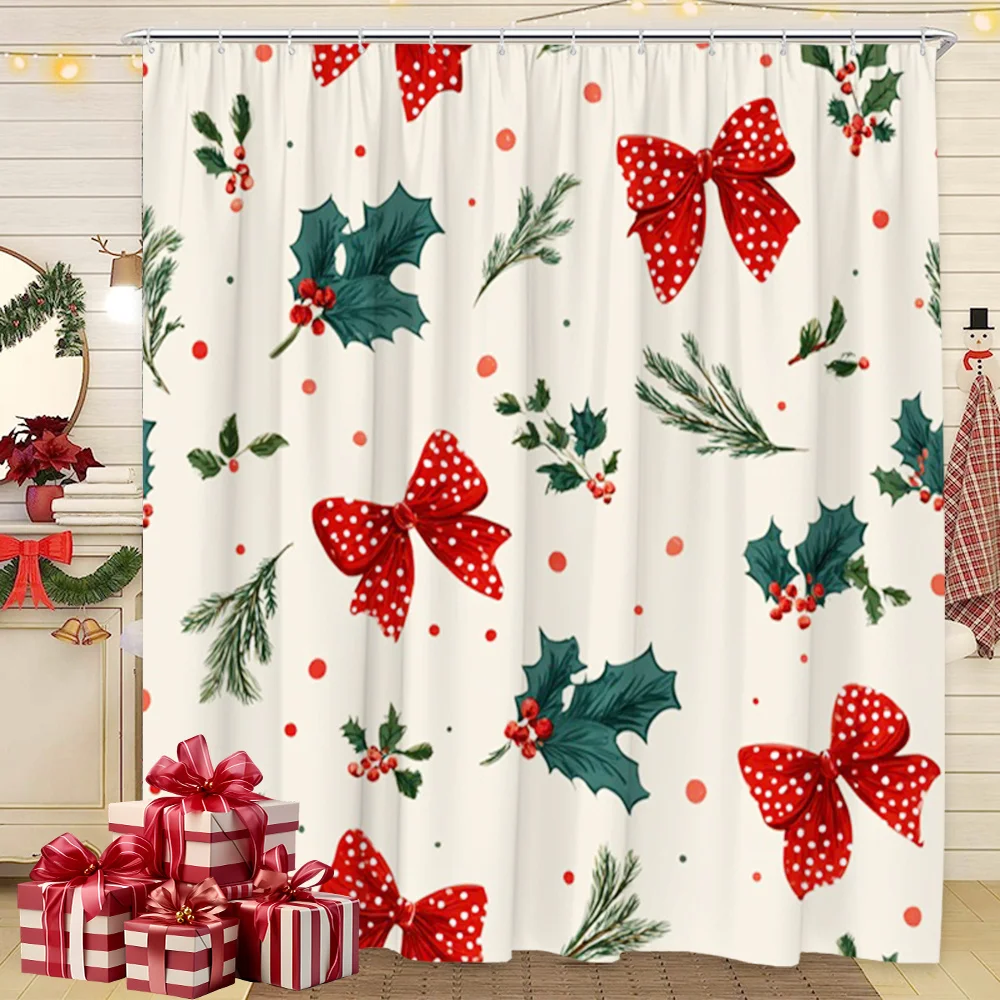 2D Flat, 2D Flat, 1pc of 2D Flat Christmas-Themed Shower Curtain from Local Featuring Rustic Holiday Decor with Red Polka Dot Bows And Green Holly. This Vintage-Style Bathroom Accessory Is Made of Polyester Fabric And Measures 70.8 by 70.8 Inches