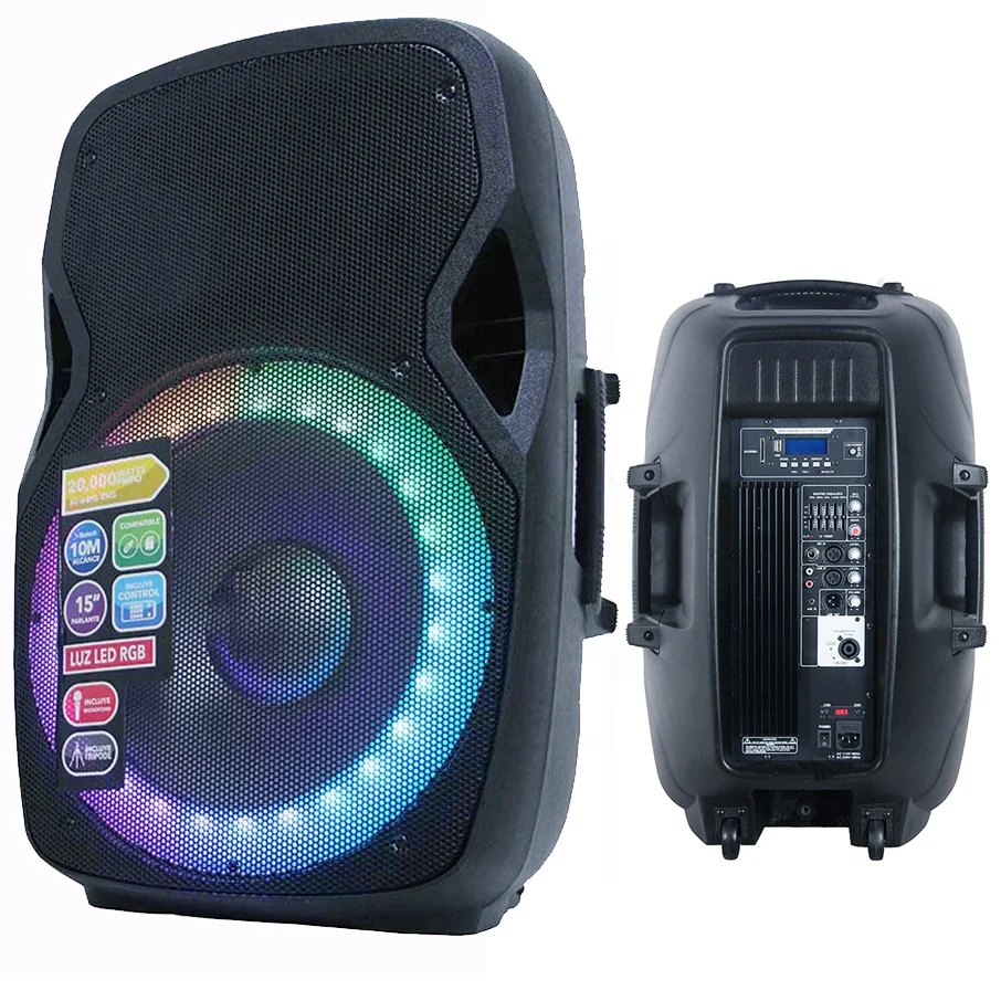 Sistema de Karaoke Activo de 15 Pulgadas y 500W con Caja de Sonido PA/DJ, Bluetooth, Luces LED para Fiestas, Soporte, Control Remoto, Micrófono, Efecto ECHO, TWS, Bocina Parlante