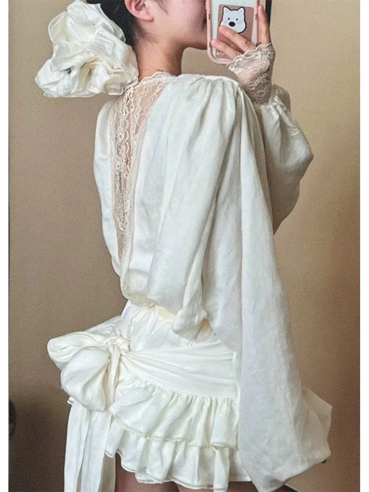 

French Pure Desire Fairy Sets Female Vintage Long Sleeve Shirt + High Waist Strap Skirt Suit Women Hlace Patchwork 2-piece Set