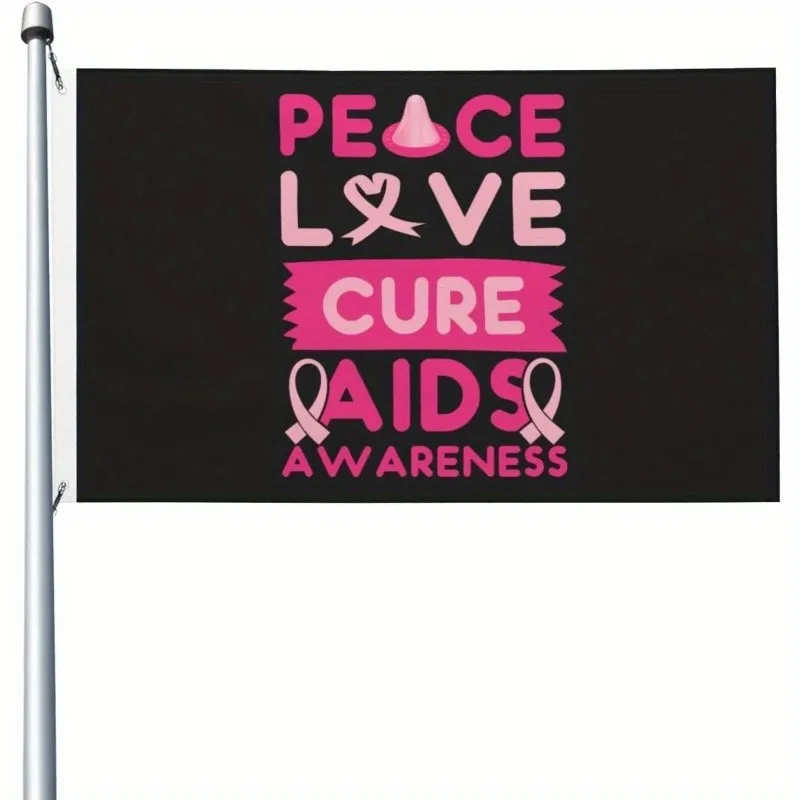 Love Cure AIDS Awareness Flag Durable Polyester, Easy to Hang Black Background with Pink Ribbon Text
