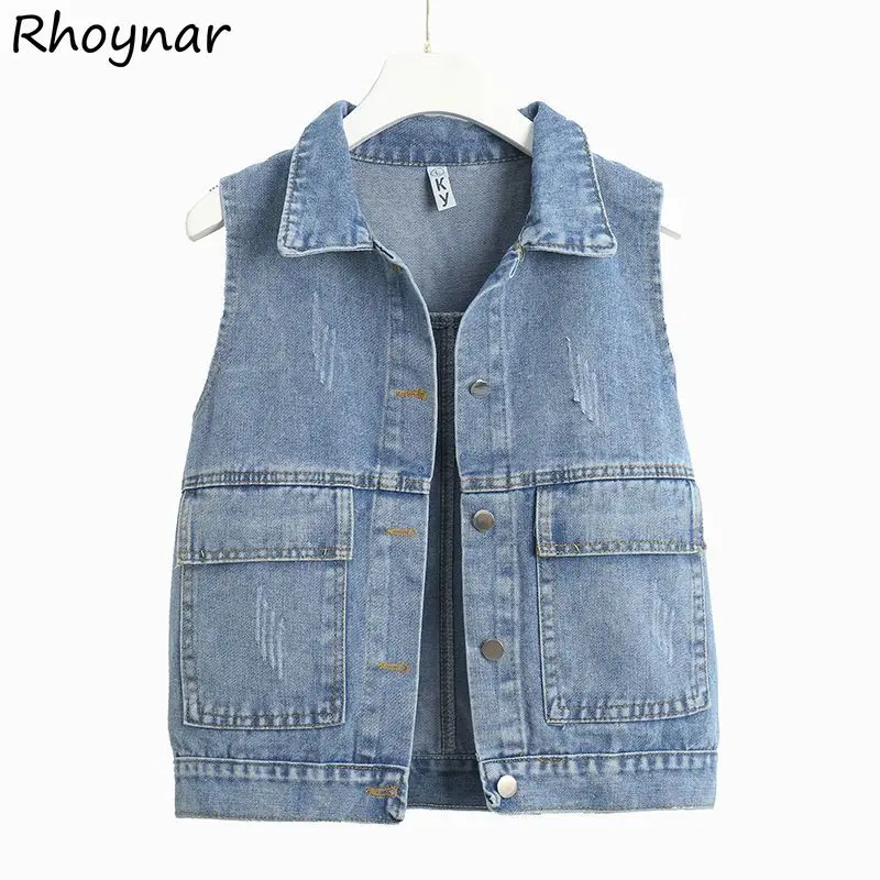 

Denim Vests Women Distressed Summer Vintage American Style Washed Students Sleeveless Designed Classic Lapel All-match Outerwear