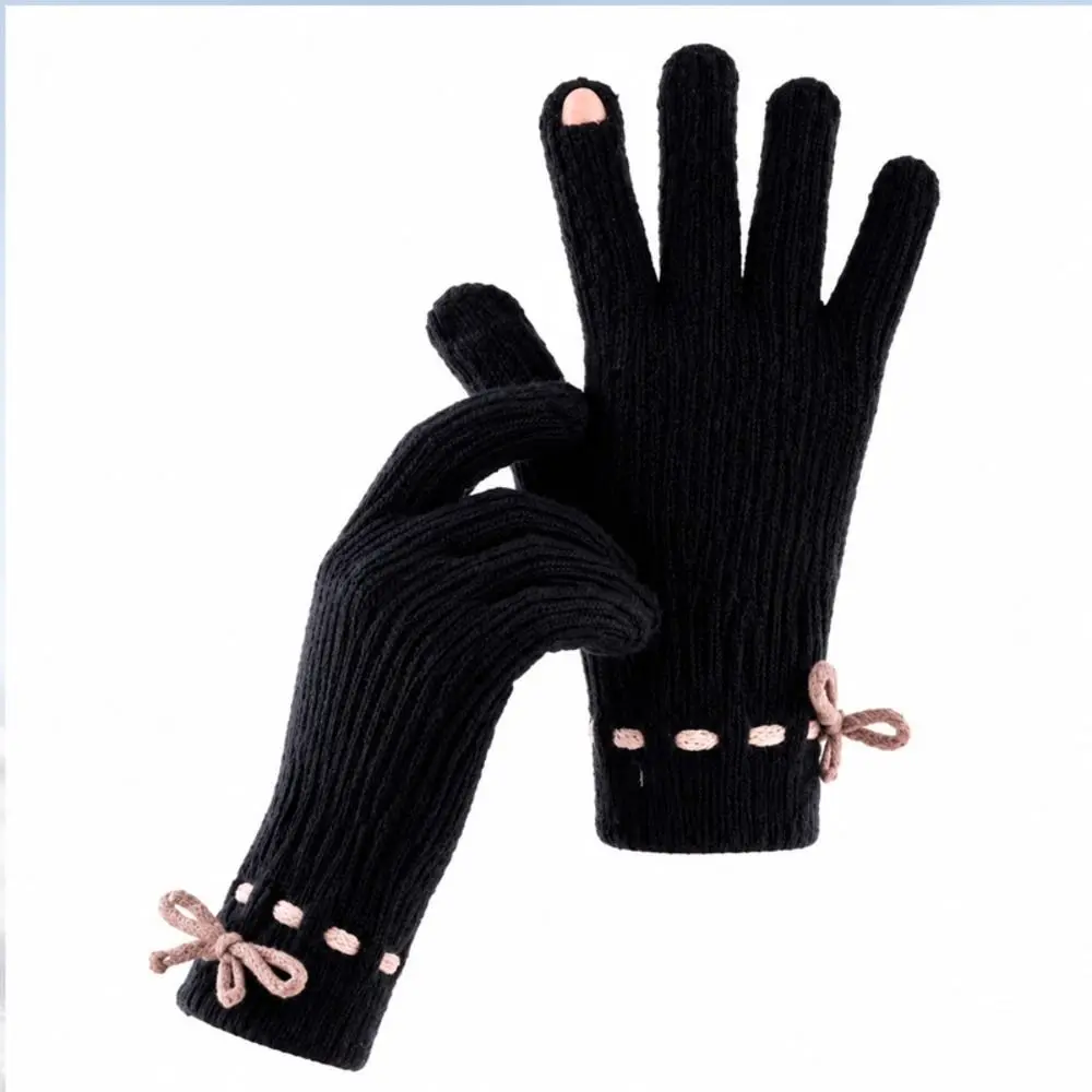 Durable Knitted Texture Wool bow knit gloves Solid Color Windproof Full Finger Mittens Touch Screen Gloves Outdoor Sports