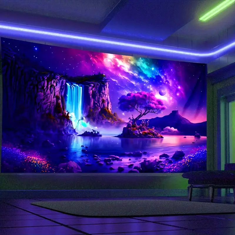 VIKAMA Purple Fantasy Galaxy Waterfall Pink Flower Tree Starry Sky Scenery Tapestry Background Hanging Cloth Room Decoration