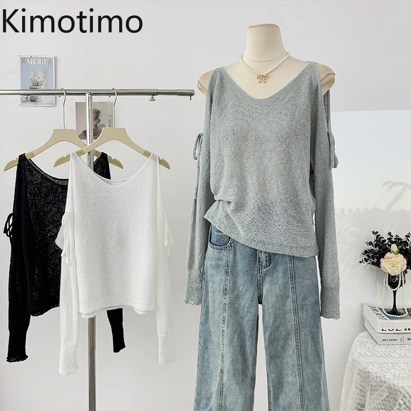 

Kimotimo Simple Solid Off Shoulder Knitted Tops Women Autumn V Neck Loose Transparent Long Sleeve Sweater Casual Y2k Pullover
