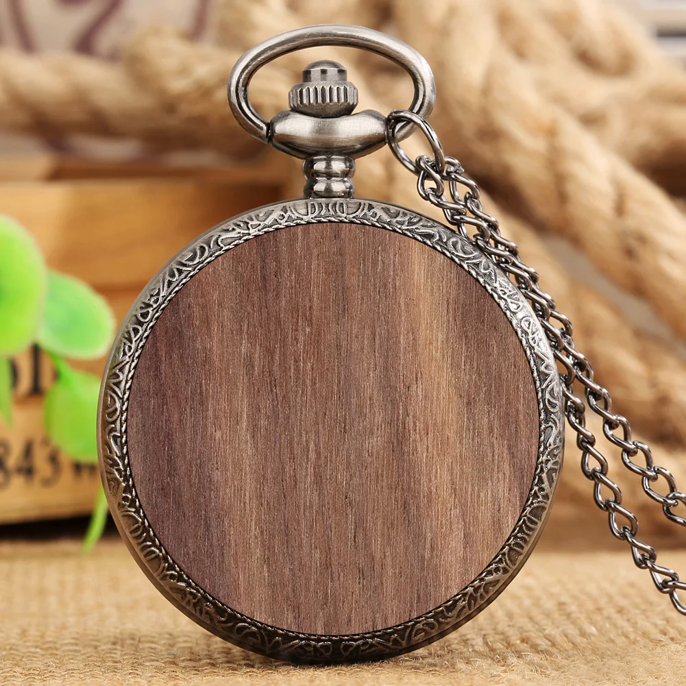 Grey Black Alloy Metal Quartz Pocket Watch with Walnut/Beech Wood Slice Decorated Pendant Necklace Watches Gift Men Women