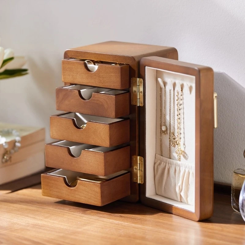 Multi-Layer Solid Wood Jewelry Box, Large Capacity Organizer for Rings Earrings Bracelets for Dresser