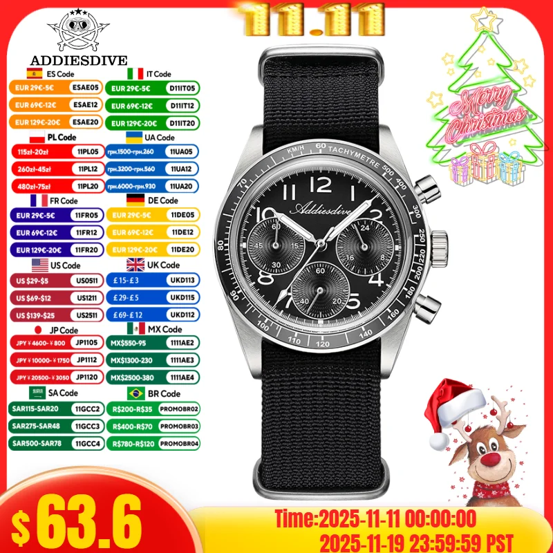 

ADDIESDVIE Men Chronograph Watch AD2517 Nylon Strap 316L Stainless Steel 10Bar Waterproof VK63 BGW9 Super Luminous Quartz Watch