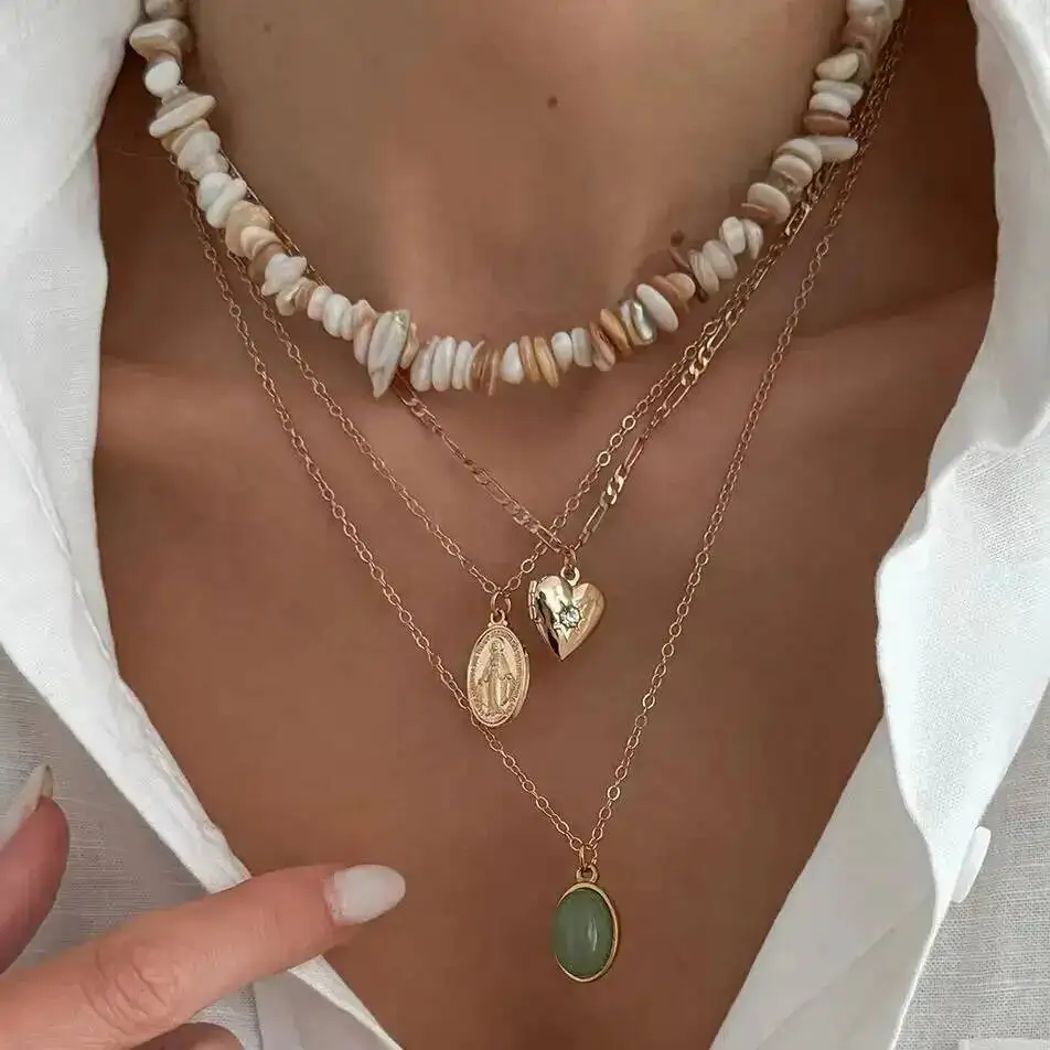 SHIXIN 4Pcs/set Vintage New Gold Color Coin Heart Pendant Necklace Women Boho Trendy Irregular Bead Clavicle Chain Jewelry Gift