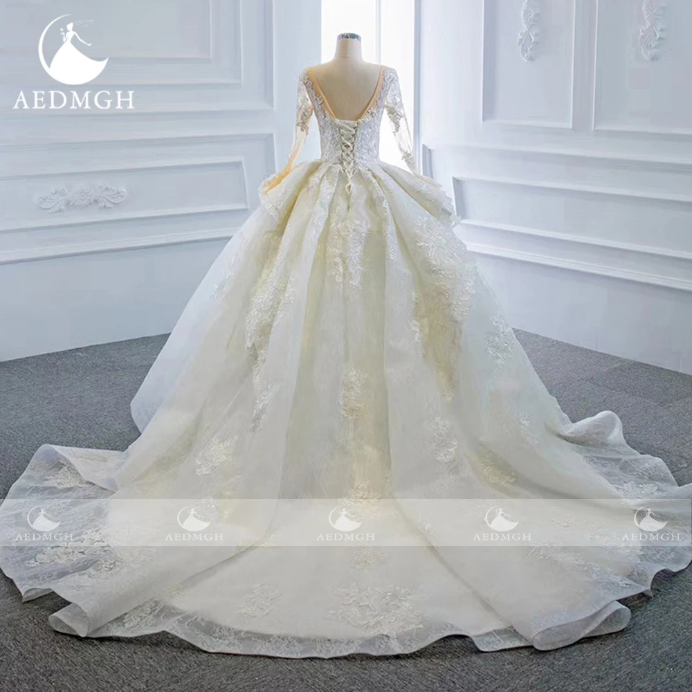 Aedmgh Ball Gown Ruffles Wedding Dresses O-Neck Long Sleeve Vestido De Novia Lace Appliques Princess Custom Made Bridal Gown