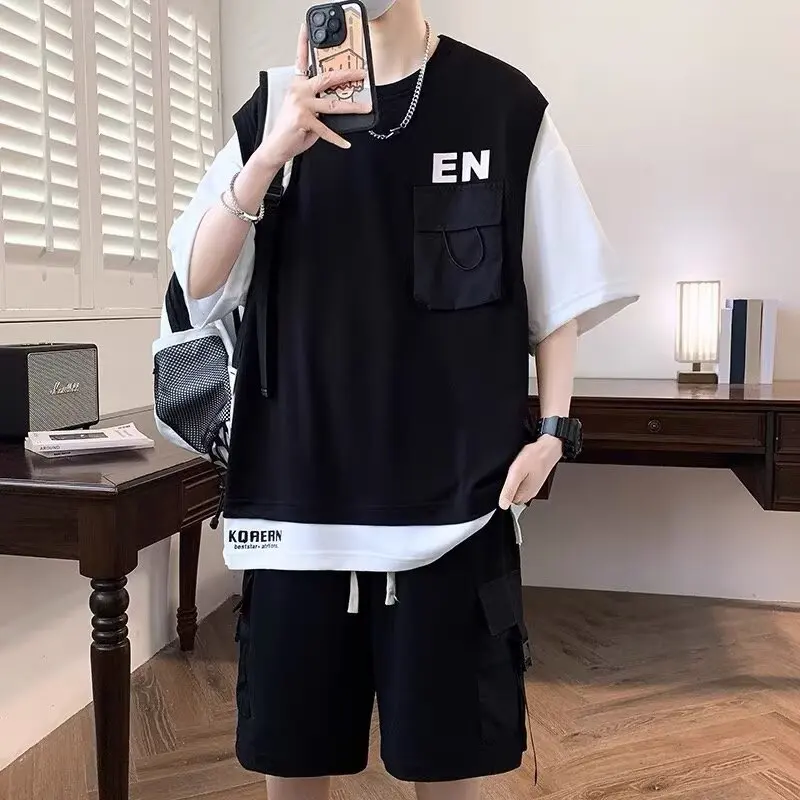 

M-8XL Loose Fit Plus Size Casual Men's Clothing Trendy Suits for Men Men's Summer Short-sleeved T-shirt Shorts Two-piece Set Men