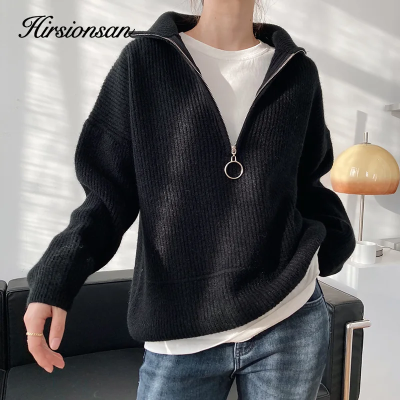 Hirsionsan Zipper Turn-down Collar Autumn Sweaters Women Cashmere Soft Loose Solid Female Knited Pullovers 2023new Thick Jumper